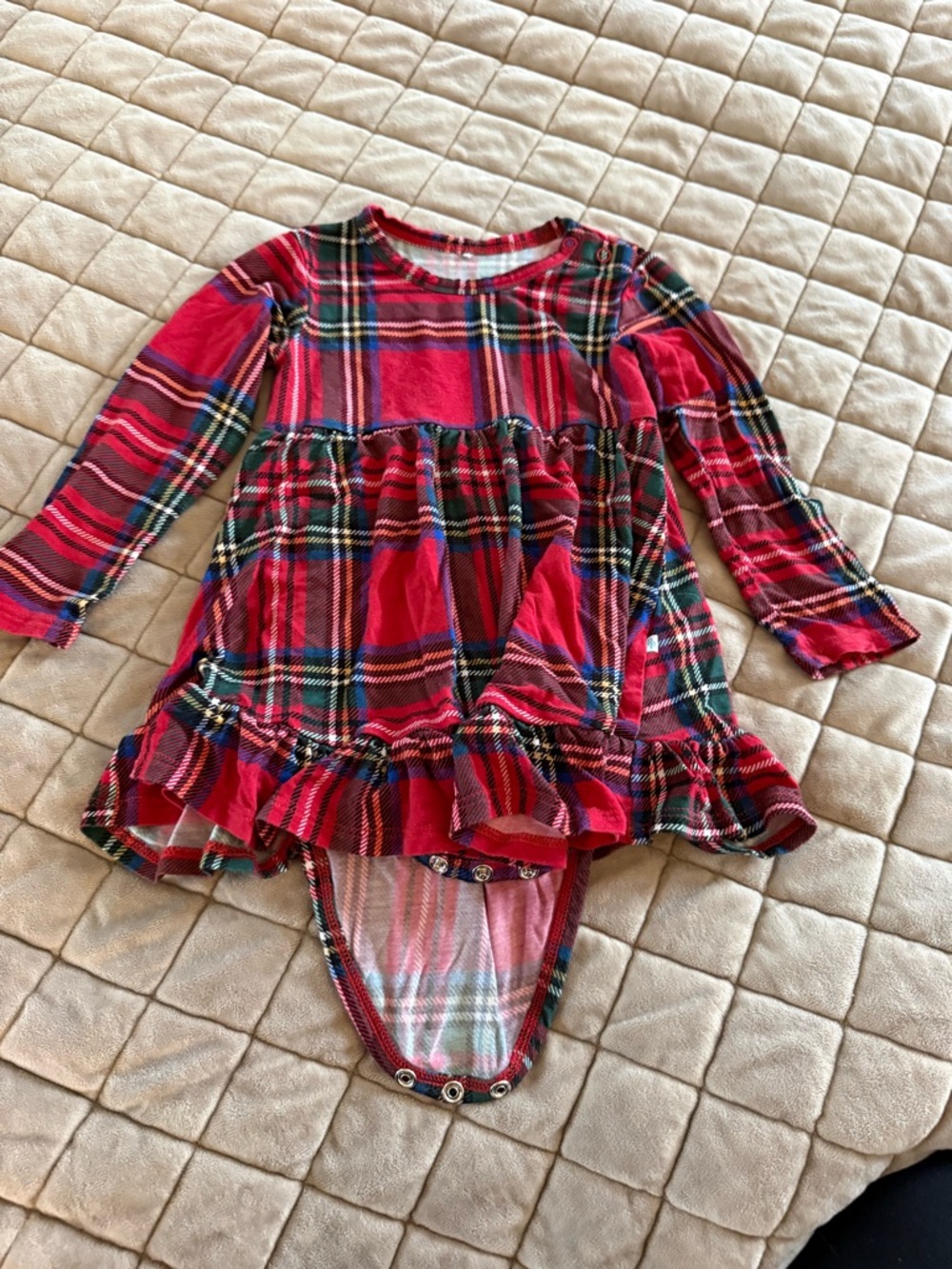 Posh Peanut Red Green Plaid Infant Dress One Piece with Ruffles